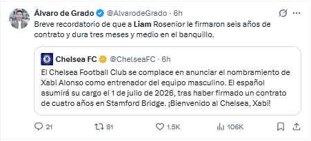 &nbsp;El periodista deportivo Álvaro de Grado compartió información relevante sobre el nuevo nombramiento de Alonso como nuevo entrenador del Chelsea. X / @AlvarodeGrado
