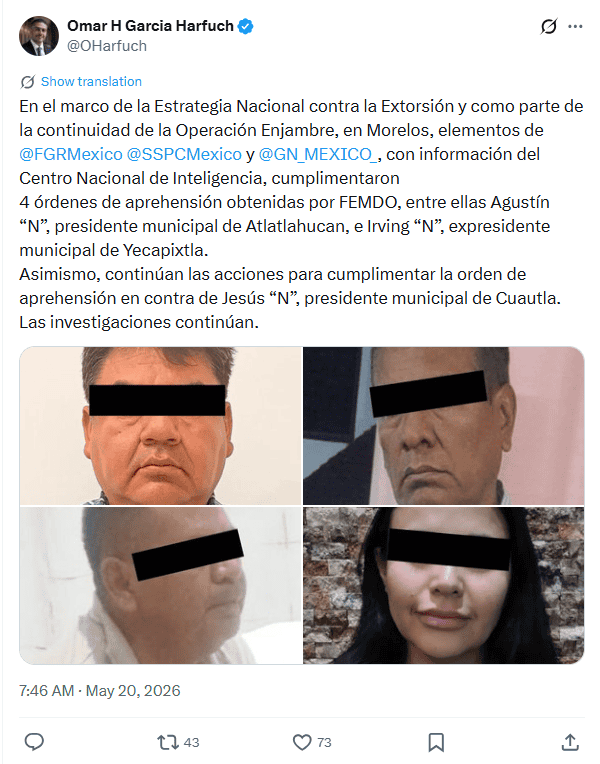 &nbsp;Caen cuatro funcionarios mexicanos tras Operación Enjambre en Morelos. X / @OHarfuch