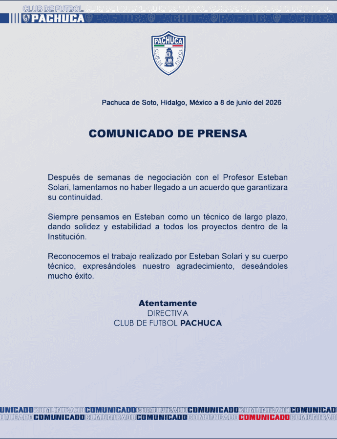 Comunicado de Pachuca. X / @Tuzos Comunicado de Pachuca. X / @Tuzos