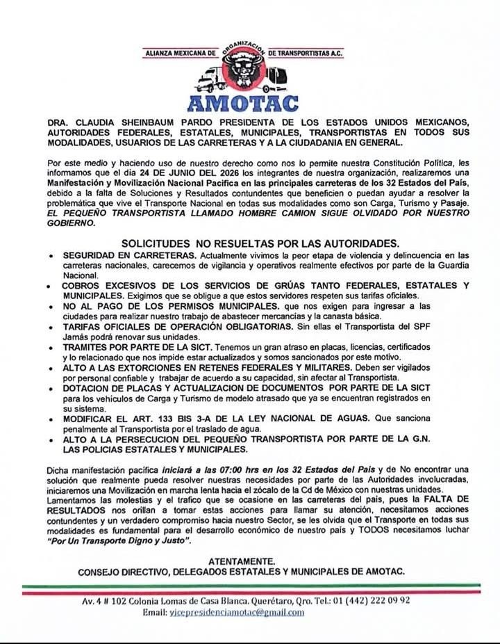 &nbsp;Comunicado de los transportistas dirigido al Gobierno de México. FB / AMOTAC