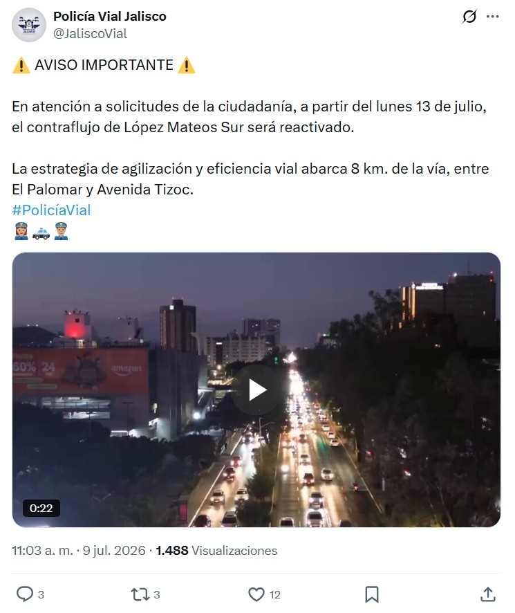 &nbsp;La Comisaría Vial también confirmó el regreso del operativo en sus redes sociales oficiales. Captura de pantalla. X / @JaliscoVial