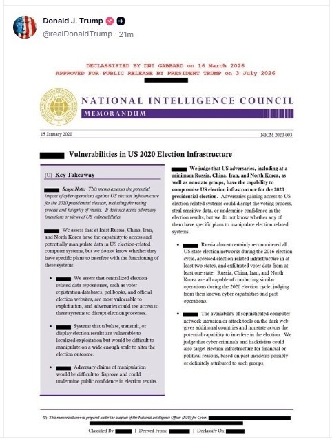 Captura de una publicación en la cuenta @realDonaldTrump en Truth Social del presidente de EU, de un memorando desclasificado por Trump del Consejo Nacional de Inteligencia sobre las 'Vulnerabilidades de la infraestructura electoral en los Estados Unidos en 2020'. EFE / La Casa Blanca