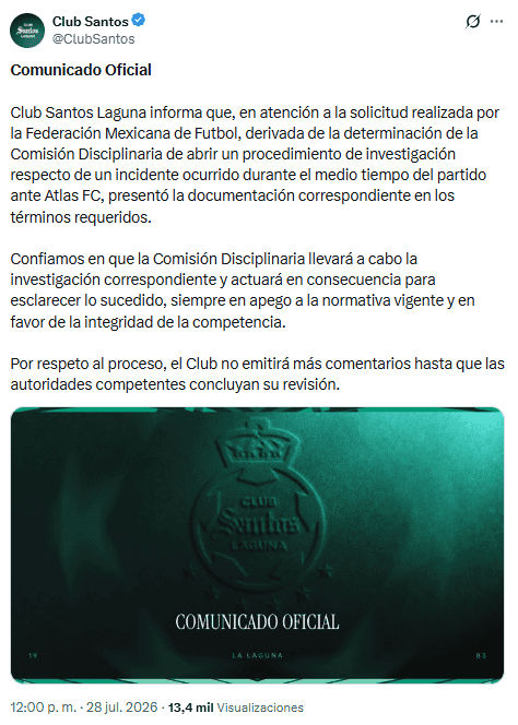 X / @ClubSantos&nbsp;
