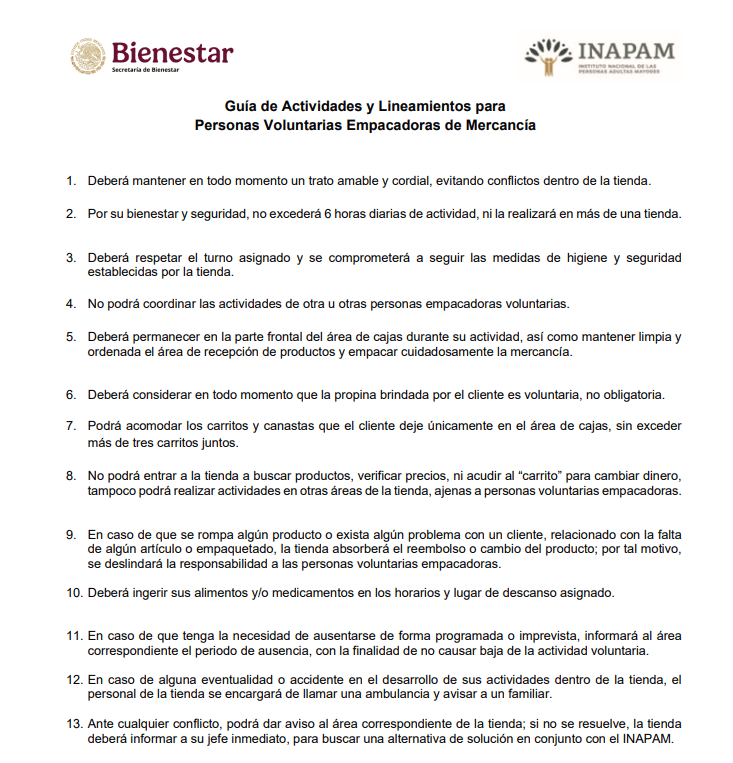 &nbsp;Lineamientos para las y los empacadores voluntarios de la tercera edad con el Inapam. ESPECIAL