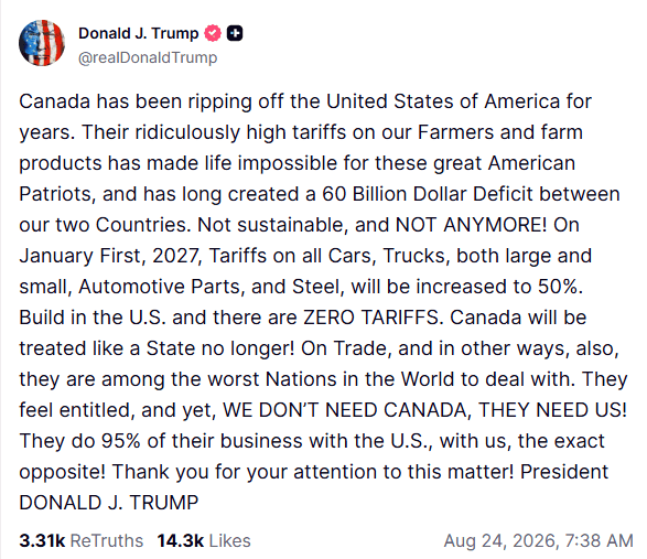 Captura de pantalla del mensaje de Trump en Truth Social. ESPECIAL&nbsp;