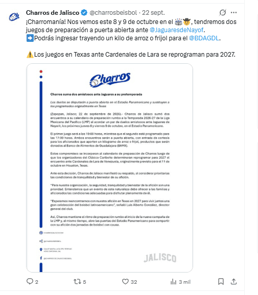 La directiva confirmó que los duelos amistosos ante los Jaguares de Nayarit se realizarán a puerta abierta los días jueves 8 y viernes 9 de octubre de 2026. ESPECIAL