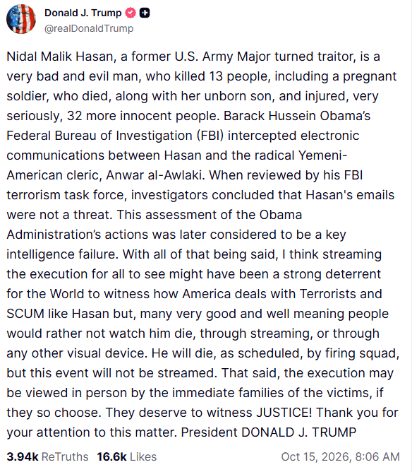 Declaración completa de Trump en Truth Social respecto al caso de Hasan. ESPECIAL / Truth Social&nbsp;